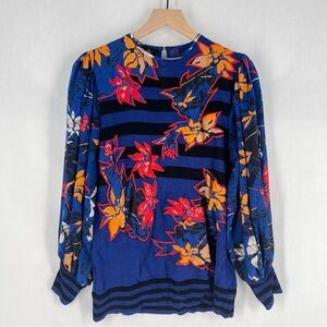 Vintage Diane Freis Abstract Patchwork Floral Knit Top Blue Striped Sheer Sleeve
